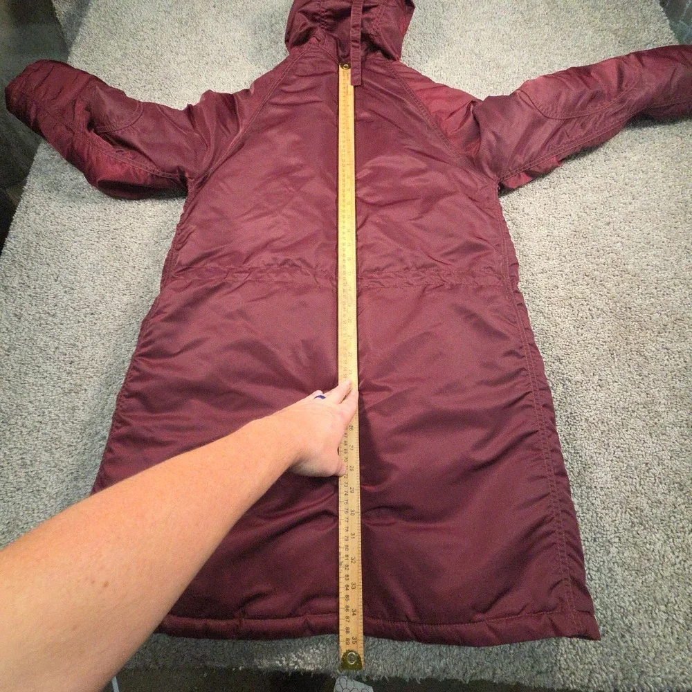 American Eagle Parka Coat Womens S Burgundy Long Faux Sherpa Fur Hood Utility